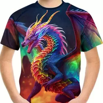 Детская одежда Футболки для мальчиков Детская футболка с коротким рукавом Стильный 3D-принт дракона Графи Повседневная летняя одежда для девочек Топы 100