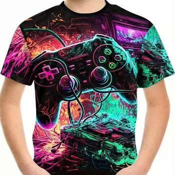 Детская одежда Футболки для мальчиков Детские футболки с коротким рукавом 3D-принт геймпада Модная круглая горловина Детская летняя одежда 170