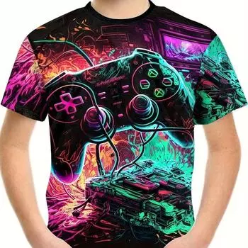 Детская одежда Футболки для мальчиков Детские футболки с коротким рукавом 3D-принт геймпада Модная круглая горловина Детская летняя одежда 100