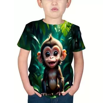 Детская одежда Футболки для мальчиков с коротким рукавом Детская футболка для мальчиков Топ для девочек 3D-принт обезьяны Смешная повседневная детская летняя одежда 170