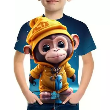 Детская одежда Футболки для мальчиков с коротким рукавом Детская футболка для мальчиков Топ для девочек 3D-принт обезьяны Смешная повседневная детская летняя одежда 170