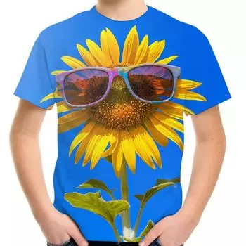 Детская одежда Футболки для мальчиков Топ с коротким рукавом Футболка для девочек 3D Подсолнух Принт Мультяшная детская одежда Летняя одежда для девочек 170