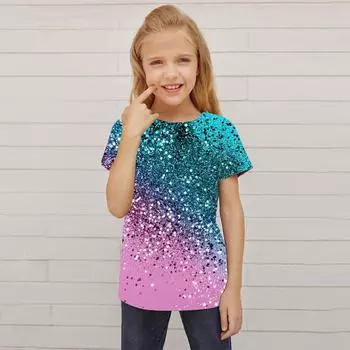Детская одежда Градиентная одежда Детские футболки с рисунком для девочек Детские футболки с короткими рукавами для девочек Модная летняя одежда для девочек 100