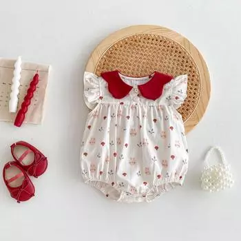 Детская одежда из чистого хлопка, летний комбинезон принцессы с воротником-бабочкой для маленьких девочек, боди с тонкими летящими рукавами и завернутыми ягодицами 3-6m