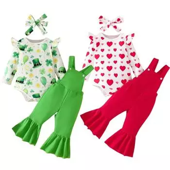 Детская одежда ко Дню святого Валентина, ко Дню святого Павла, с длинными рукавами и принтом «Любовь», комплект из трех предметов Ha Yi Bell Bottom 12 зелёный