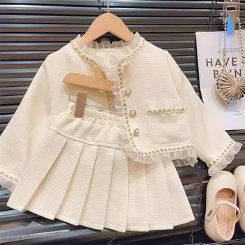 Детская одежда Коллекция весна-осень для девочек Кружевная куртка Короткая юбка Модный комплект из двух предметов 130cm бежевый
