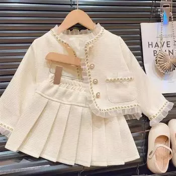 Детская одежда Коллекция весна-осень, кружевная куртка для девочек, короткая юбка, модный комплект из двух предметов 140