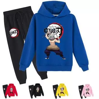 Детская одежда, комплекты с капюшоном для мальчиков и девочек в возрасте от 3 до 13 лет, модный модный принт с длинными рукавами и принтом «Убийца демонов» 100 синий