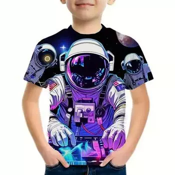 Детская одежда Космос Астронавт 3D Принт Круглый вырез Графические футболки Уличная повседневная мода Платья для вечеринок Футболки для мальчиков 100