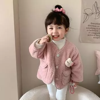 Детская одежда Костюм для девочек 2024 Осень и зима Новое детское корейское пальто из овечьей шерсти Верхняя одежда для маленьких девочек 90 белый