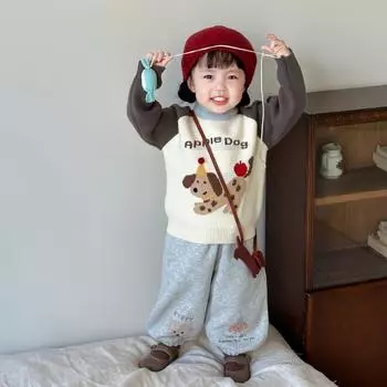 Детская одежда Костюм для девочек 2024 Осень и зима Новый детский корейский вязаный свитер Штаны на флисовой подкладке Детская одежда 80 серый