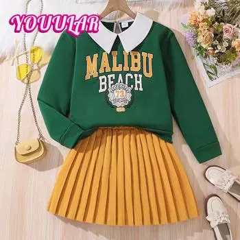 Детская одежда, костюм для девочек из трансграничных материалов, осень-зима, новый модный свитер с длинными рукавами, плиссированная юбка, на флисовой подкладке, комплект из двух частей, оптовая продажа 10Y зелёный