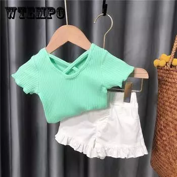 Детская одежда, костюм для девочек, летний костюм для маленьких и средних малышей, модный корейский стиль, комплект из двух предметов с короткими рукавами Trendjavascript: 130 зелёный