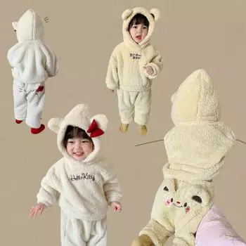 Детская одежда Костюм из овечьей шерсти для девочек 2024 года, осень и зима, новая детская корейская версия домашней одежды, пижамы, детская одежда 80 бежевый