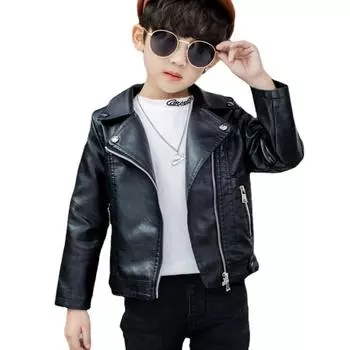 Детская одежда, кожаная детская мотоциклетная куртка с лацканами для мальчиков и девочек, весенне-осенняя куртка в корейском стиле 100 чёрный