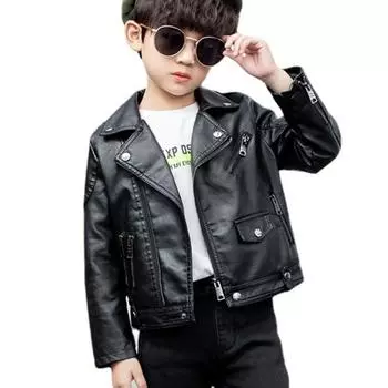 Детская одежда, кожаная детская мотоциклетная куртка с лацканами для мальчиков и девочек, весенне-осенняя куртка в корейском стиле 100 чёрный