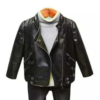 Детская одежда, кожаная куртка для девочек и мальчиков, весенне-осенняя куртка из искусственной кожи с воротником-стойкой 90 чёрный