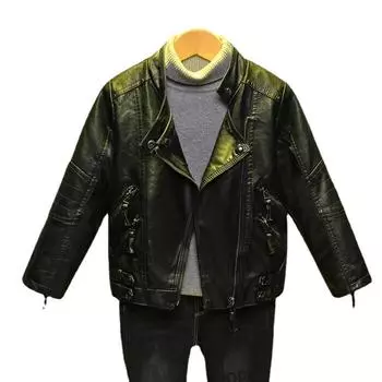 Детская одежда, кожаная куртка для девочек и мальчиков, весенне-осенняя куртка из искусственной кожи с воротником-стойкой 90 чёрный