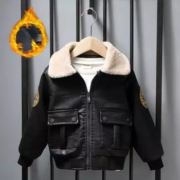 Детская одежда Кожаная одежда для мальчиков Плюс утолщенный бархат Детские осенние и зимние куртки Модные детские пальто 150 чёрный