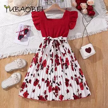 Детская одежда, красные платья для девочек из Европы и Америки, летняя детская юбка с короткими рукавами и принтом для детей от 8 до 12 лет 10Y красный