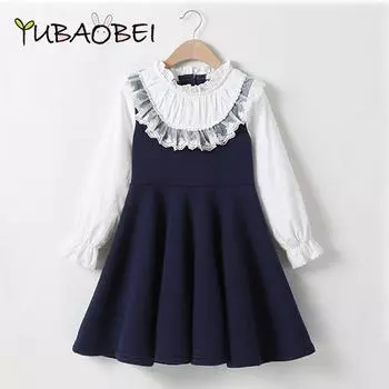 Детская одежда, кружевное платье с длинными рукавами для девочек, платья принцессы в консервативном стиле для детей 4–13 лет, школьная форма, платье 110 темно-синий