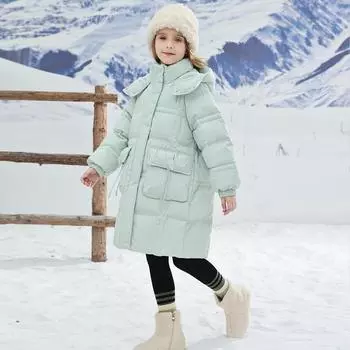 Детская одежда. Куртка-пуховик средней длины для девочек. Новый стиль. Зимняя одежда. Детское толстое утепленное пальто. 120cm мятный зеленый