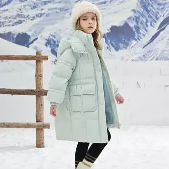 Детская одежда. Куртка-пуховик средней длины для девочек. Новый стиль. Зимняя одежда. Детское толстое утепленное пальто. 120cm мятный зеленый