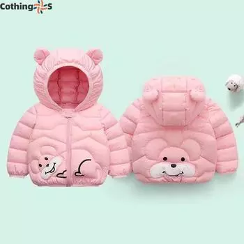 Детская одежда, куртка с капюшоном и ушками для мальчиков и девочек, для маленьких детей, осень и зима, утолщенная куртка с рисунком 80cm розовый