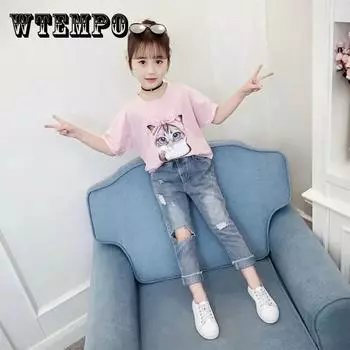 Детская одежда, летние джинсы с короткими рукавами для девочек, комплект из двух предметов, модный летний летний свободный дышащий повседневный костюм в корейском стиле 160