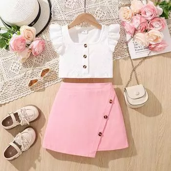 Детская одежда, летний костюм для девочек 4-7 лет, с короткими рукавами, квадратным вырезом, короткими рукавами и короткой юбкой, комплект из 2 предметов 100cm/4Y розовый