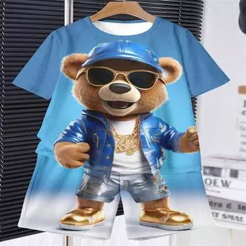 Детская одежда, летний костюм для мальчика, короткий рукав, тренд, крутой уличный принт с медведем, повседневный комплект с круглым вырезом для девочки, детские комплекты 110