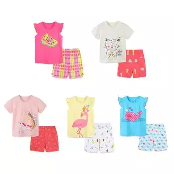Детская одежда, летняя повседневная хлопковая одежда с мультяшным принтом, костюмы для малышей, футболки + штаны для детей, наряд для девочек 2T