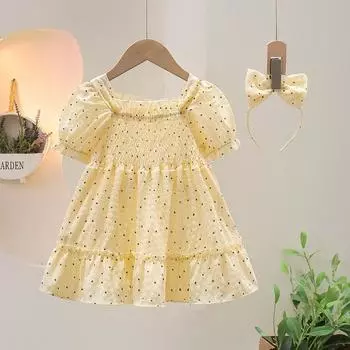 Детская одежда, лето 2023, милое желтое платье в горошек для девочек, детские шифоновые платья с квадратным воротником и повязкой на голову 2T жёлтый