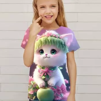 Детская одежда Милый 3D Кот Графический принт Топы с коротким рукавом Детская одежда Футболка Повседневный свитер для детей Мальчики Девочки Лето 100
