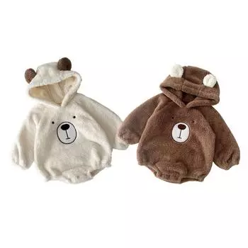 Детская одежда Милый медведь Детский комбинезон осень зима плюс бархат с капюшоном ползать мягкие теплые топы одежда для малышей 66CM коричневый