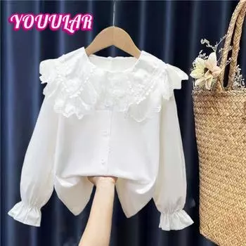 Детская одежда на весну и осень, новая рубашка с кукольным воротником, топы на весну и осень для девочек с длинными рукавами 110 белый