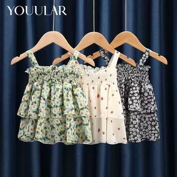 Детская одежда, новинка 2023 года, детская летняя верхняя одежда, слинг, детский кружевной жилет в иностранном стиле с цветочным принтом, шифоновый топ для девочек