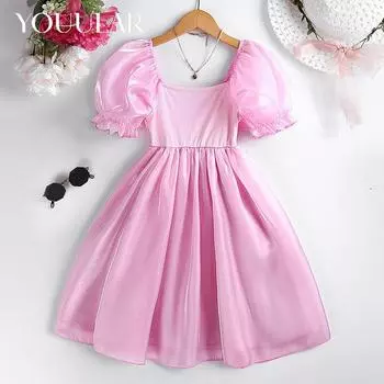Детская одежда, новинка 2024 года, летнее платье для девочек, розовое платье принцессы из органзы с пышными рукавами