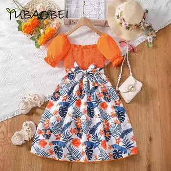 Детская одежда, новинка 2024 года, летнее платье принцессы с пышными рукавами и принтом, платья с квадратным воротником для девочек 4–12 лет 7Y оранжевый