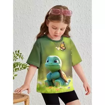 Детская одежда Одежда для девочек Футболка с коротким рукавом для девочек с принтом животных из мультфильмов Повседневная футболка с круглым вырезом для девочек Летняя детская одежда 100