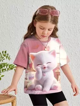 Детская одежда Одежда для девочек Футболка с коротким рукавом для девочек с принтом животных из мультфильмов Повседневная футболка с круглым вырезом для девочек Летняя детская одежда 100