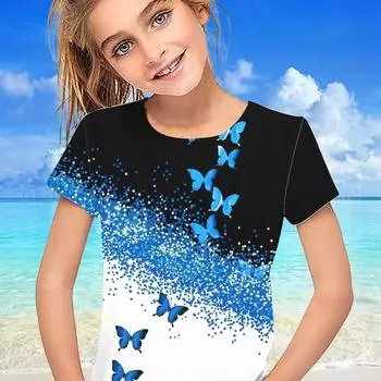 Детская одежда Одежда для девочек Футболка с коротким рукавом для девочек Милая бабочка с принтом Kawaii Круглый вырез для девочек Летняя детская одежда 170