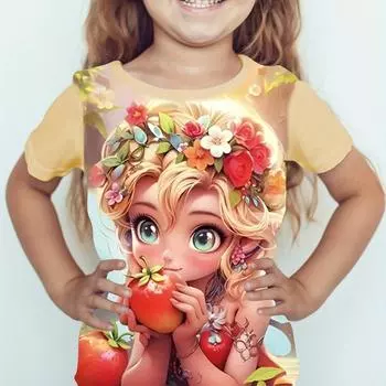 Детская одежда Одежда для девочек Футболка с коротким рукавом для девочек с принтом из мультфильма «Девочка» Милый топ с круглым вырезом для девочек Летняя детская одежда 160