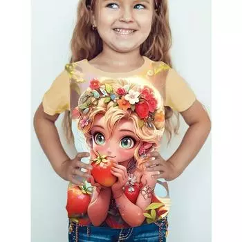 Детская одежда Одежда для девочек Футболка с коротким рукавом для девочек с принтом из мультфильма «Девочка» Милый топ с круглым вырезом для девочек Летняя детская одежда 160