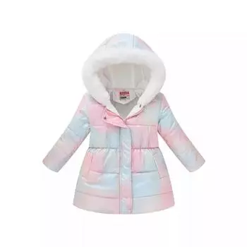 Детская одежда осень-зима для мальчиков и девочек, разноцветный принт на талии, длинная часть воротника с капюшоном, хлопковое пальто, куртка, хлопковое пальто 110cm