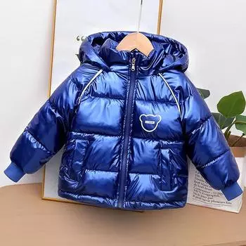 Детская одежда осень-зима для мальчиков и девочек, толстая куртка с рисунком медведя из мультфильма, глянцевая противообрастающая подкладка, а также бархатный теплый зимний комбинезон с капюшоном 130cm чёрный