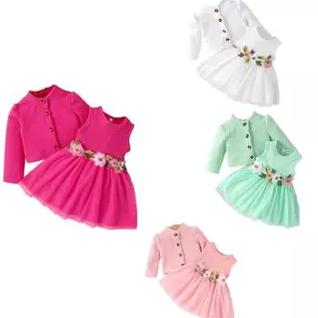 Детская одежда осенне-зимний стиль детское милое сетчатое платье с аппликацией однотонное клетчатое пальто комплект из двух предметов 24 белый