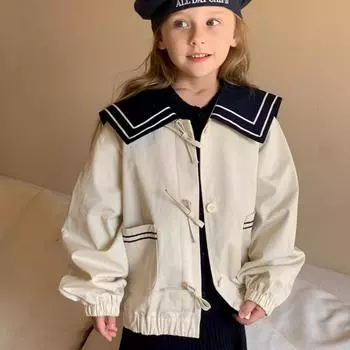 Детская одежда, осеннее пальто в студенческом стиле для девочек, модный топ в западном стиле, ветровка в темно-синем стиле. 90cm бежевый