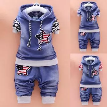 Детская одежда Осенние комплекты одежды для мальчиков Джинсовая толстовка с капюшоном для маленьких мальчиков + штаны Детские костюмы для малышей 100cm красный