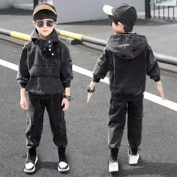 Детская одежда, осенние костюмы для мальчиков, весенне-осенние спортивные костюмы, красивые, большие детские джинсовые костюмы с диагональными пуговицами 160 чёрный